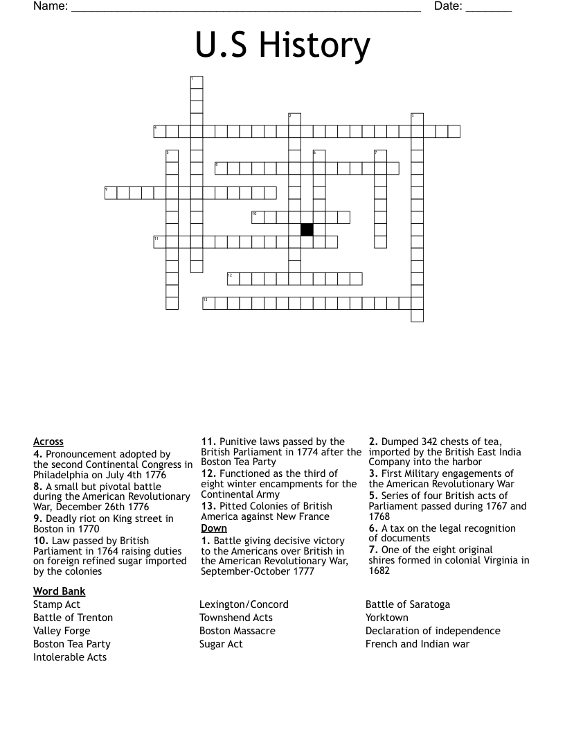 U.S History Crossword