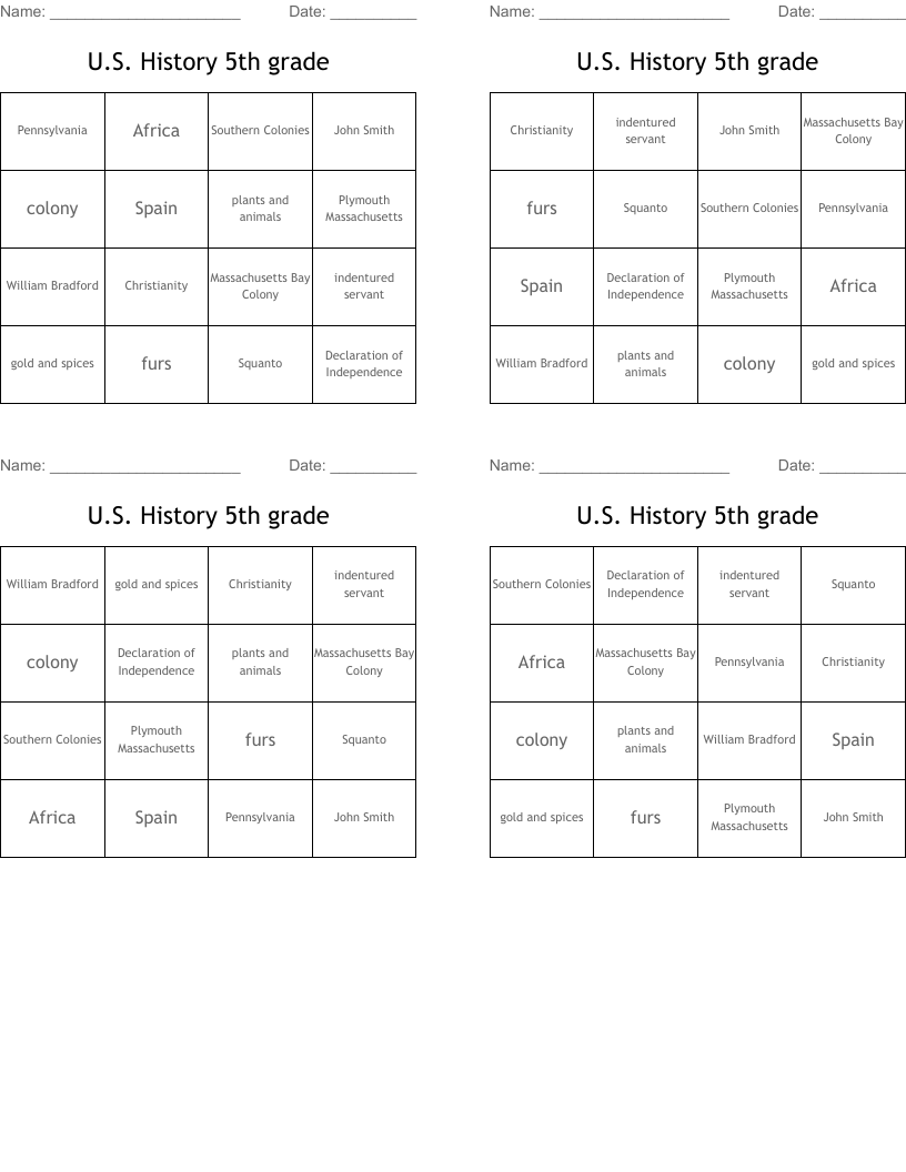 U.S. History 5th grade Bingo Cards
