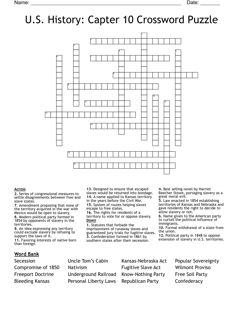 U.S. History: Capter 10 Crossword Puzzle