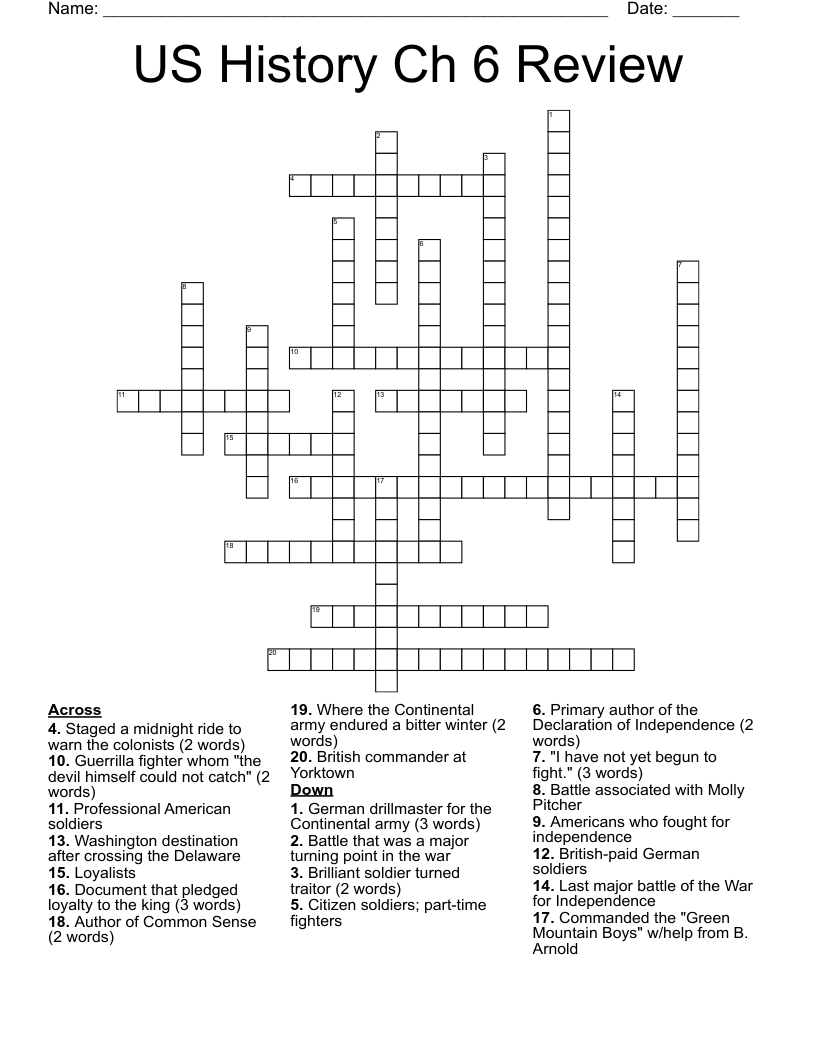 US History Ch 6 Review Crossword