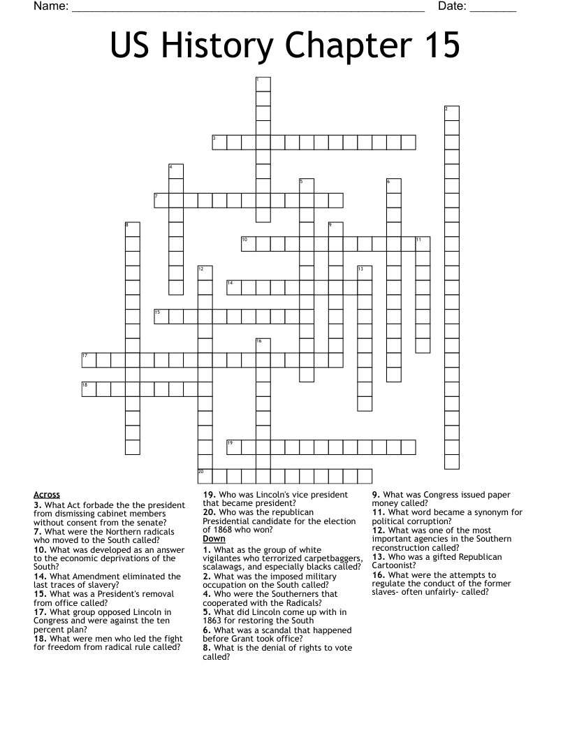 US History Chapter 15 Crossword