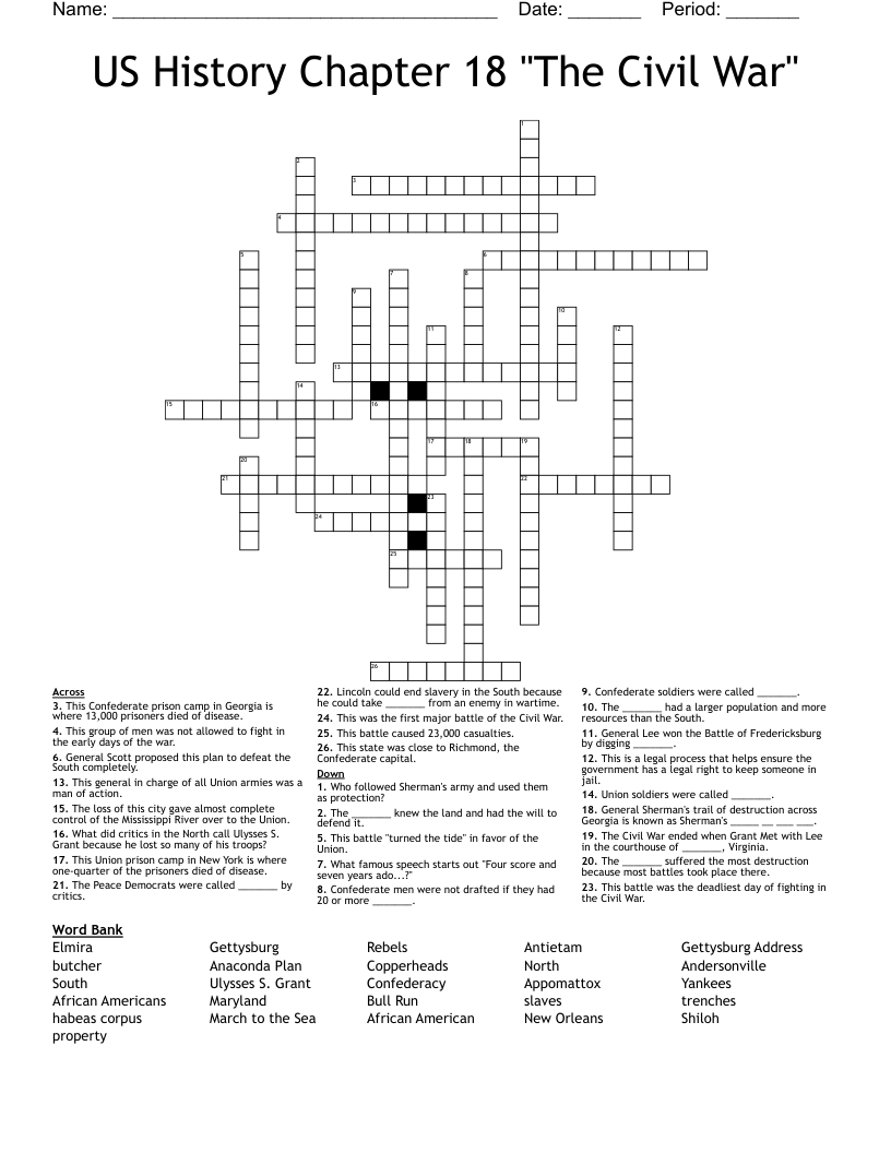 US History Chapter 18 "The Civil War" Crossword