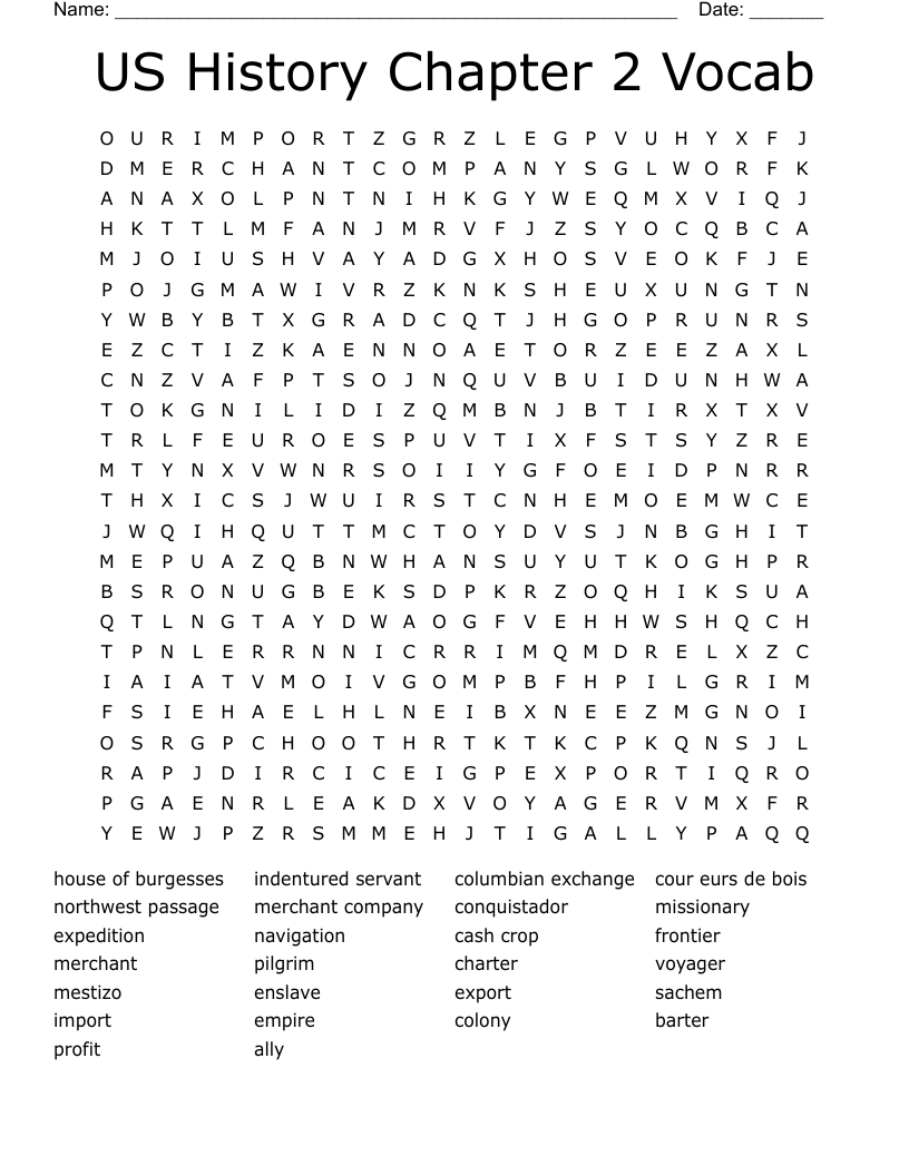 US History Chapter 2 Vocab Word Search