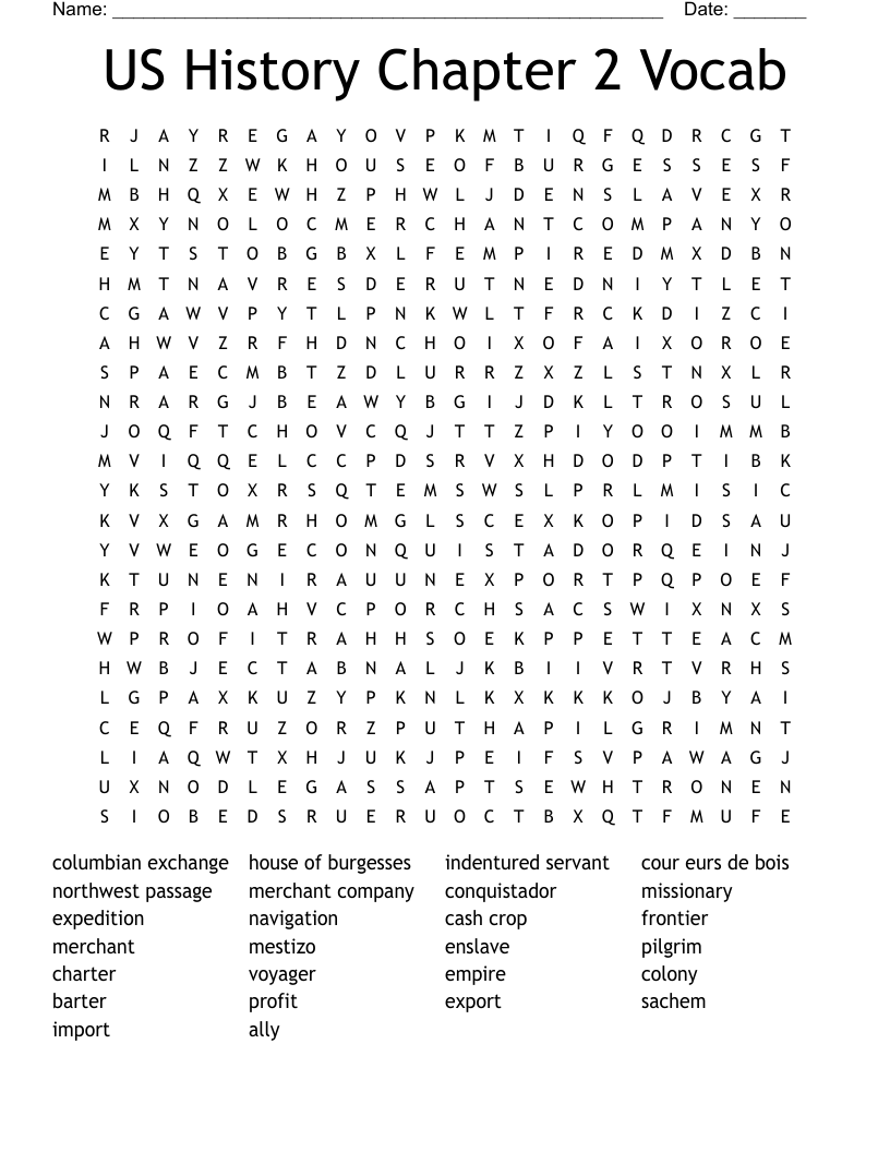 US History Chapter 2 Vocab Word Search