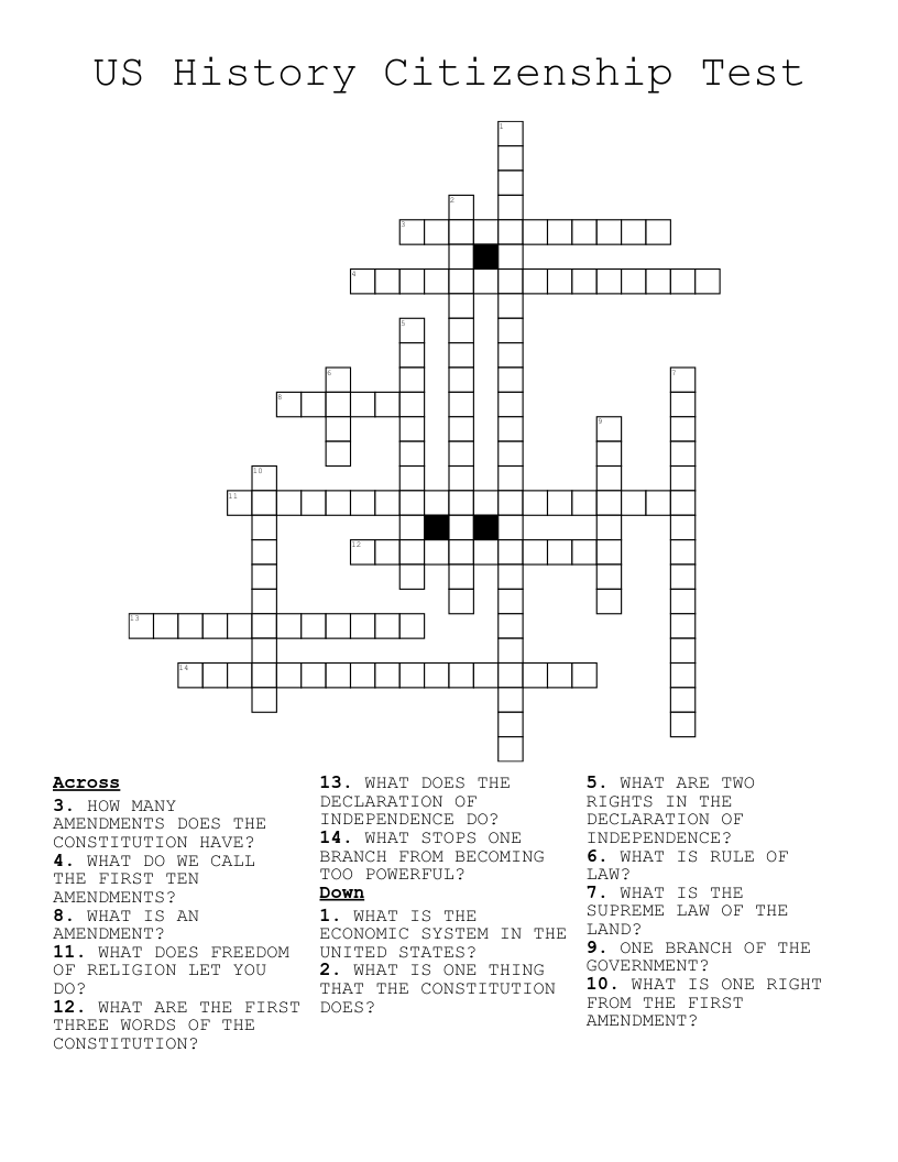 US History Citizenship Test Crossword