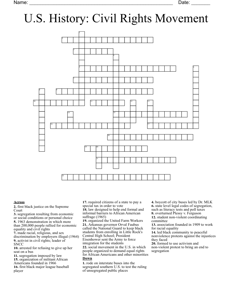 U.S. History: Civil Rights Movement Crossword
