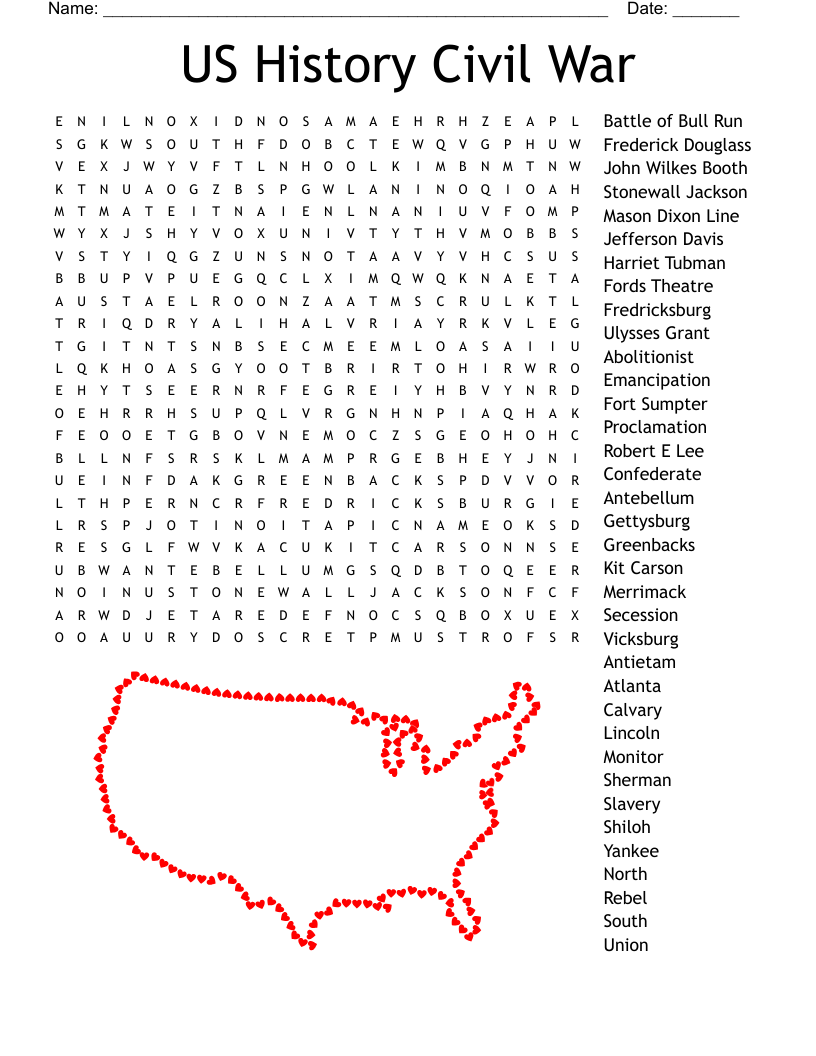 US History Civil War Word Search