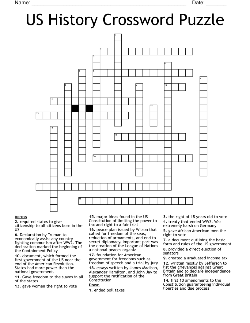 US History Crossword Puzzle