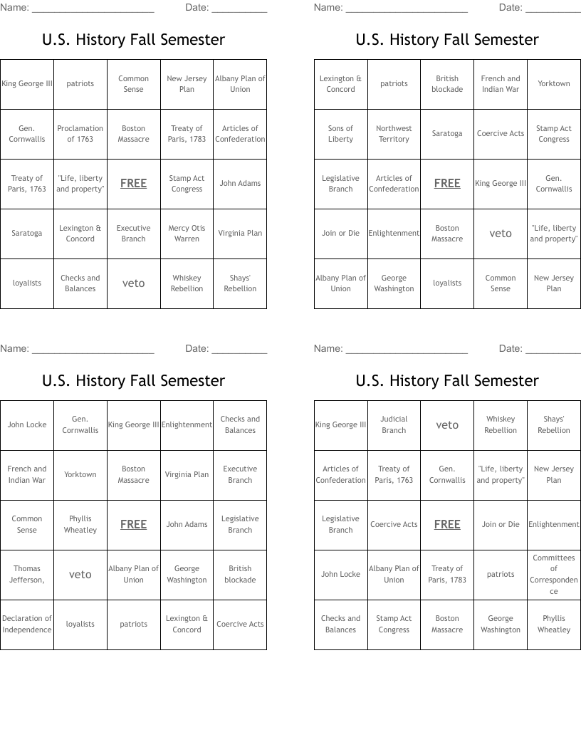 U.S. History Fall Semester Bingo Cards