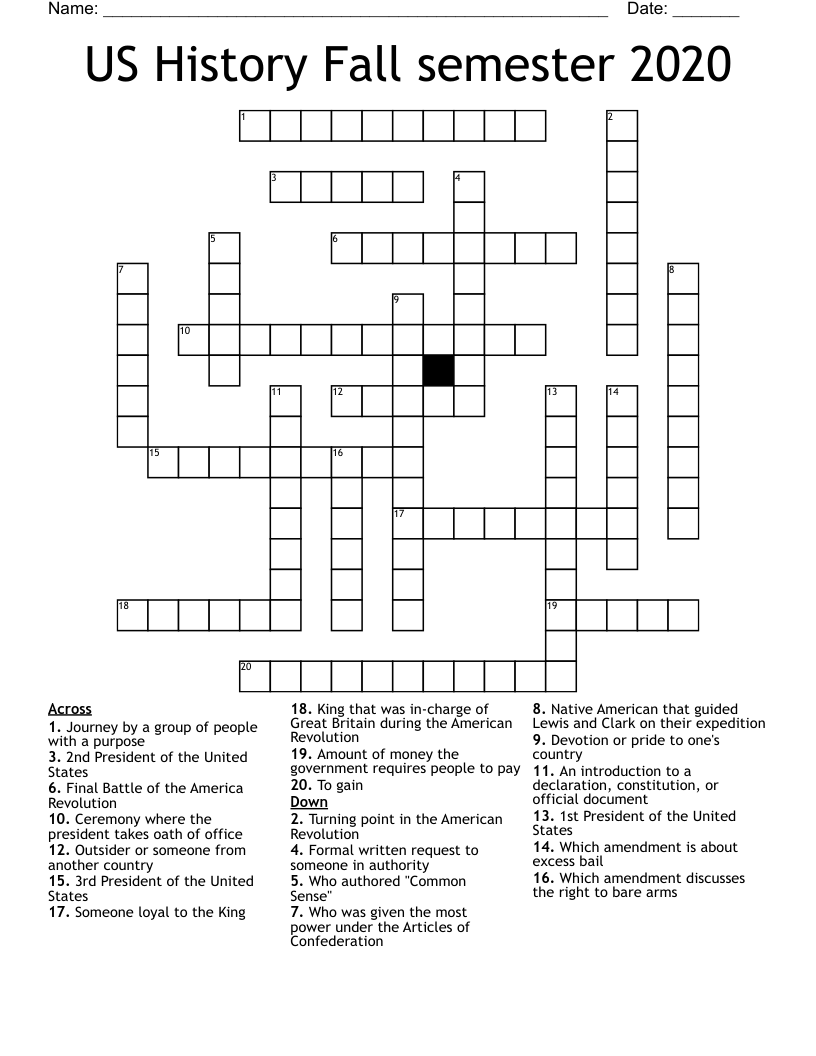US History Fall semester 2020 Crossword