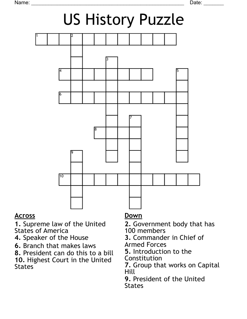 US History Puzzle Crossword