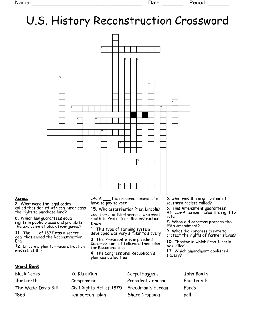 U.S. History Reconstruction Crossword