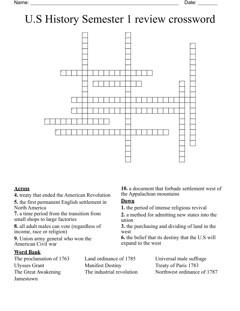 U.S History Semester 1 review crossword