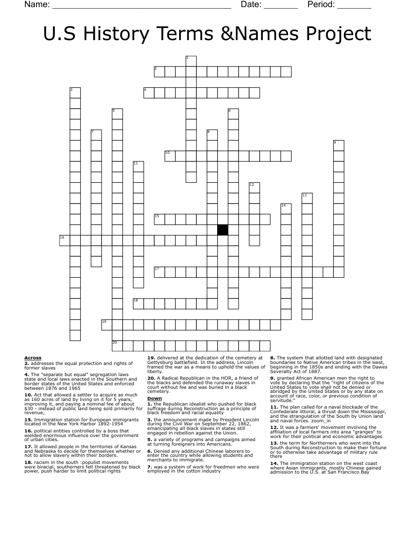 U.S History Terms &Names Project Crossword