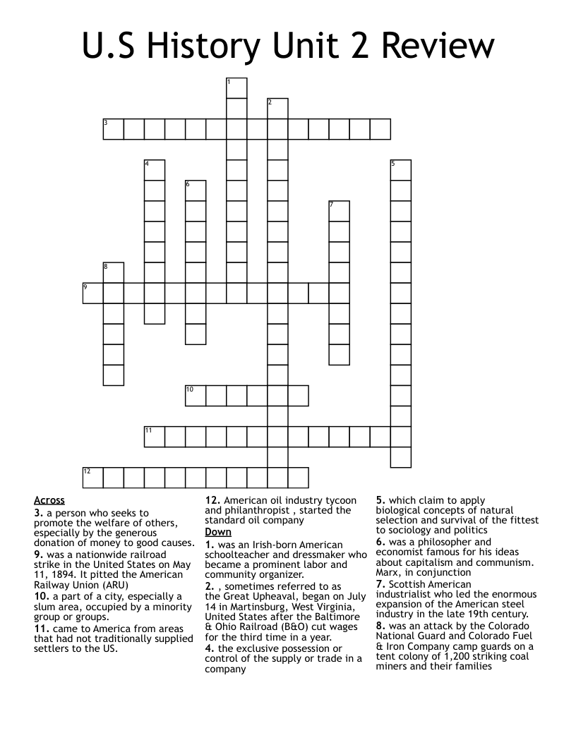 U.S History Unit 2 Review Crossword