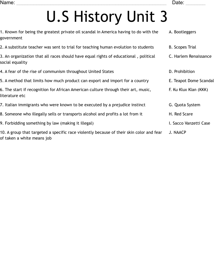 U.S History Unit 3 Worksheet