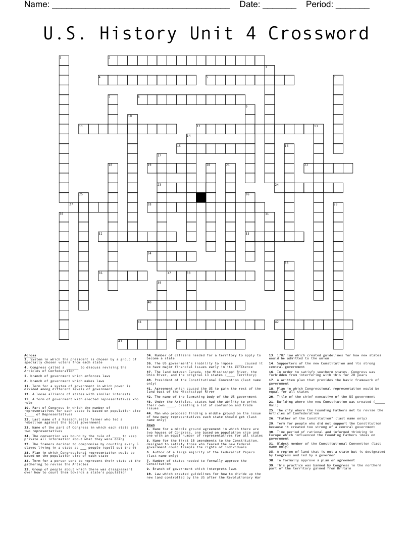 U.S. History Unit 4 Crossword
