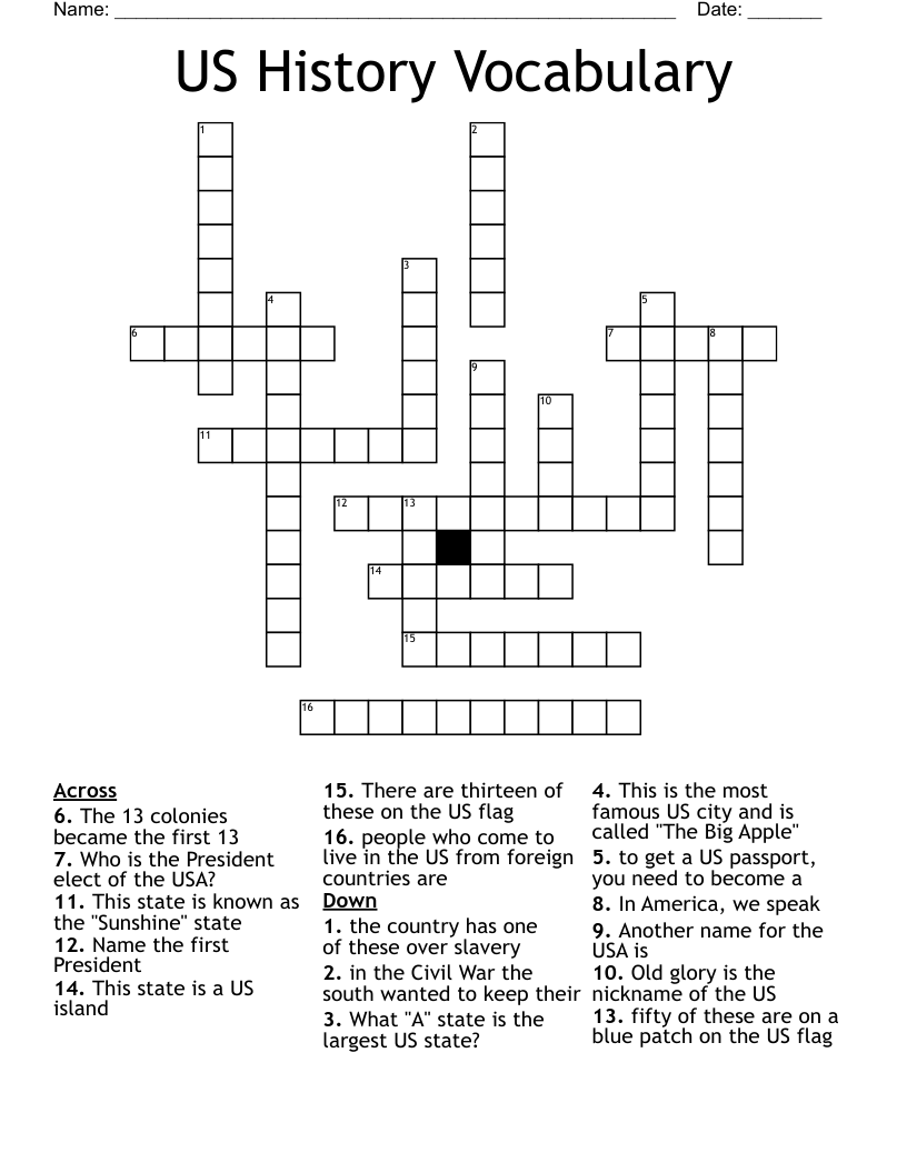 US History Vocabulary Crossword