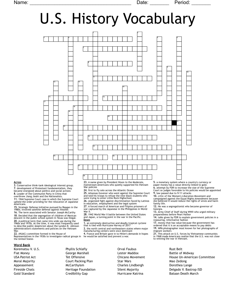 U.S. History Vocabulary Crossword