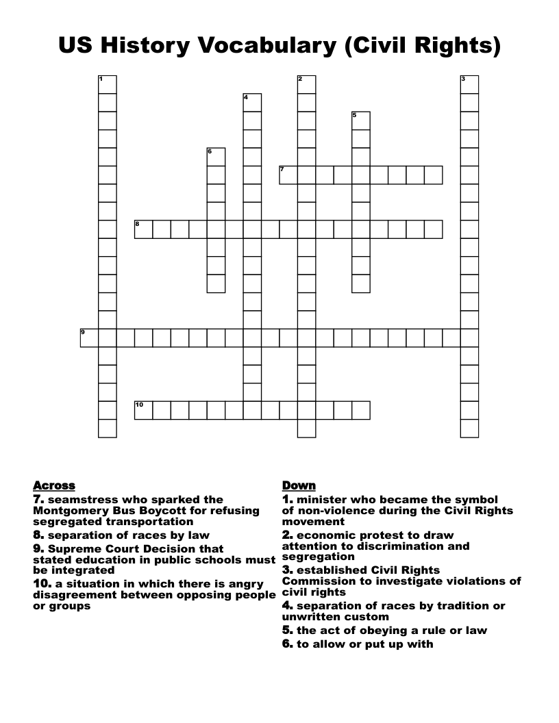 US History Vocabulary (Civil Rights) Crossword