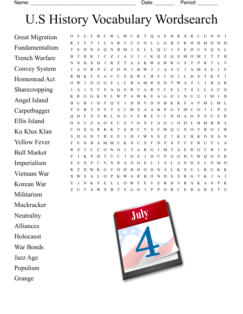 U.S History Vocabulary Wordsearch