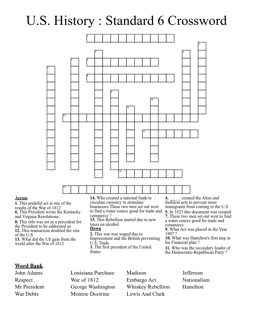 U.S. History : Standard 6 Crossword