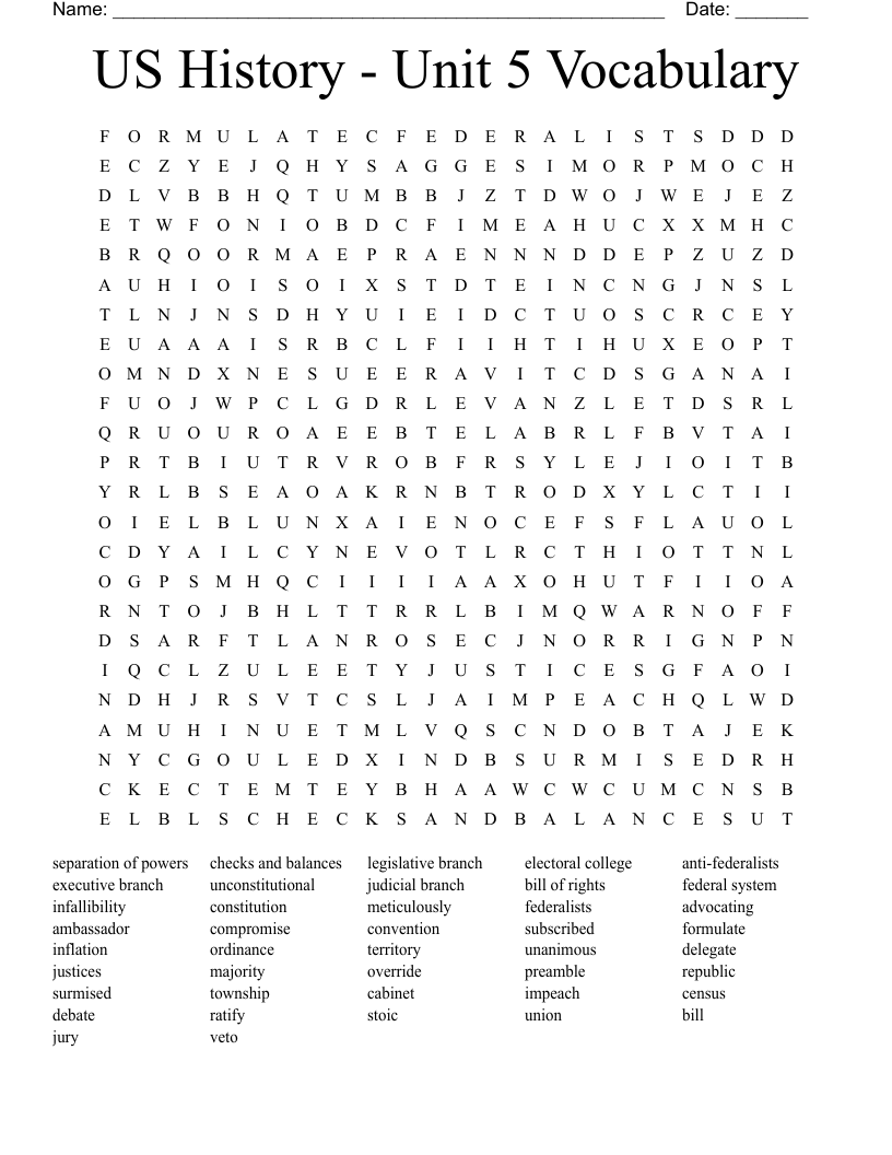 US History - Unit 5 Vocabulary Word Search