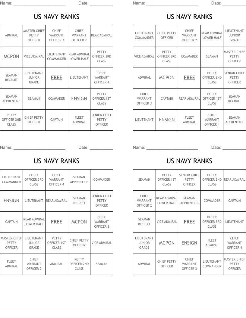 US NAVY RANKS  Bingo Cards