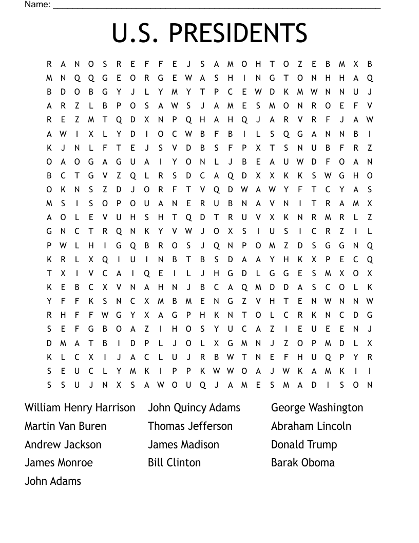 U.S. PRESIDENTS Word Search