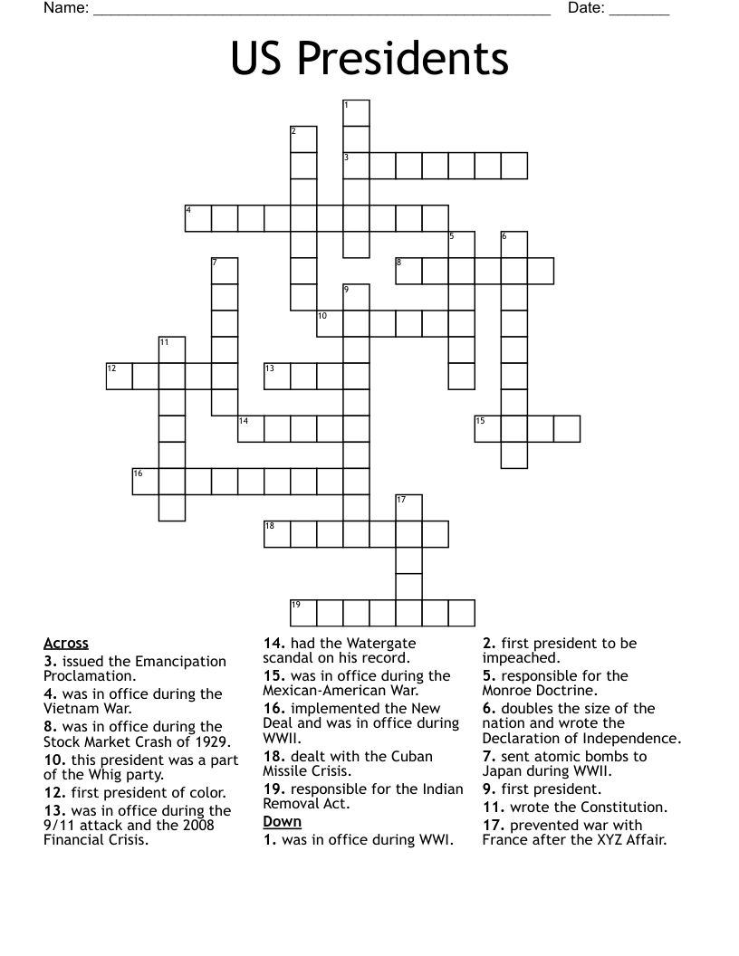 US Presidents Crossword