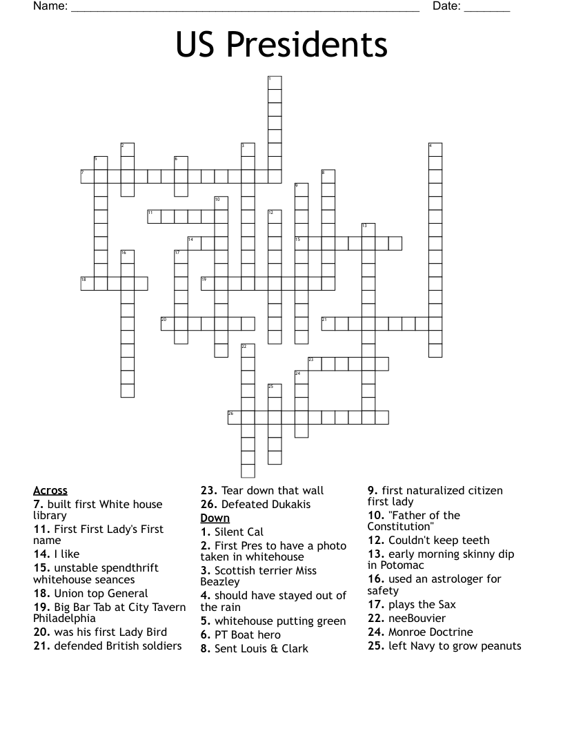 US Presidents Crossword