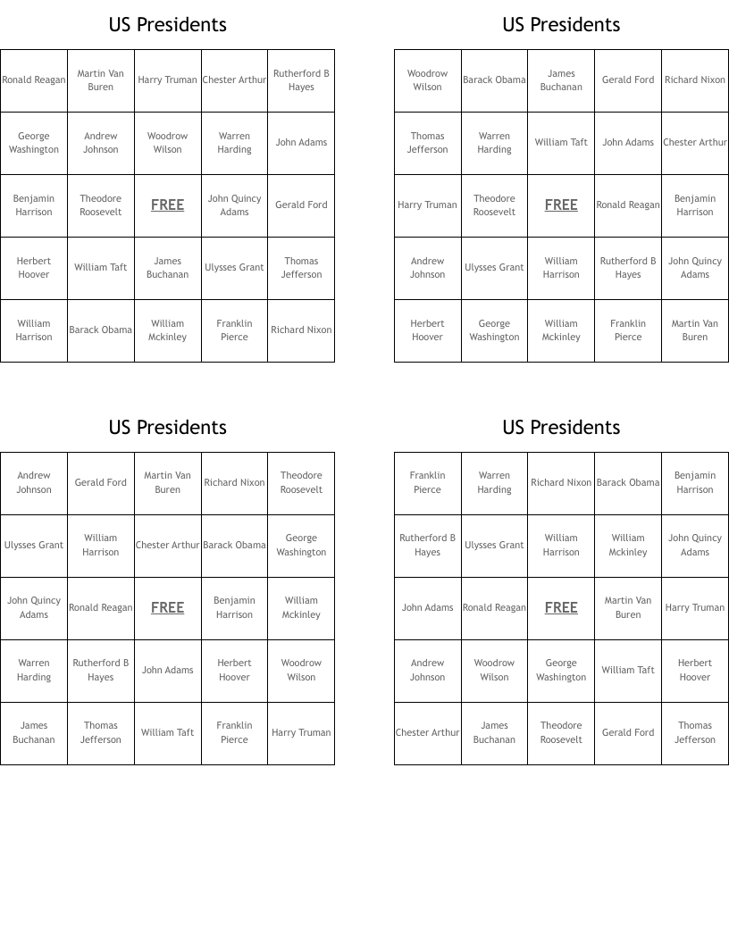 US Presidents Bingo Cards