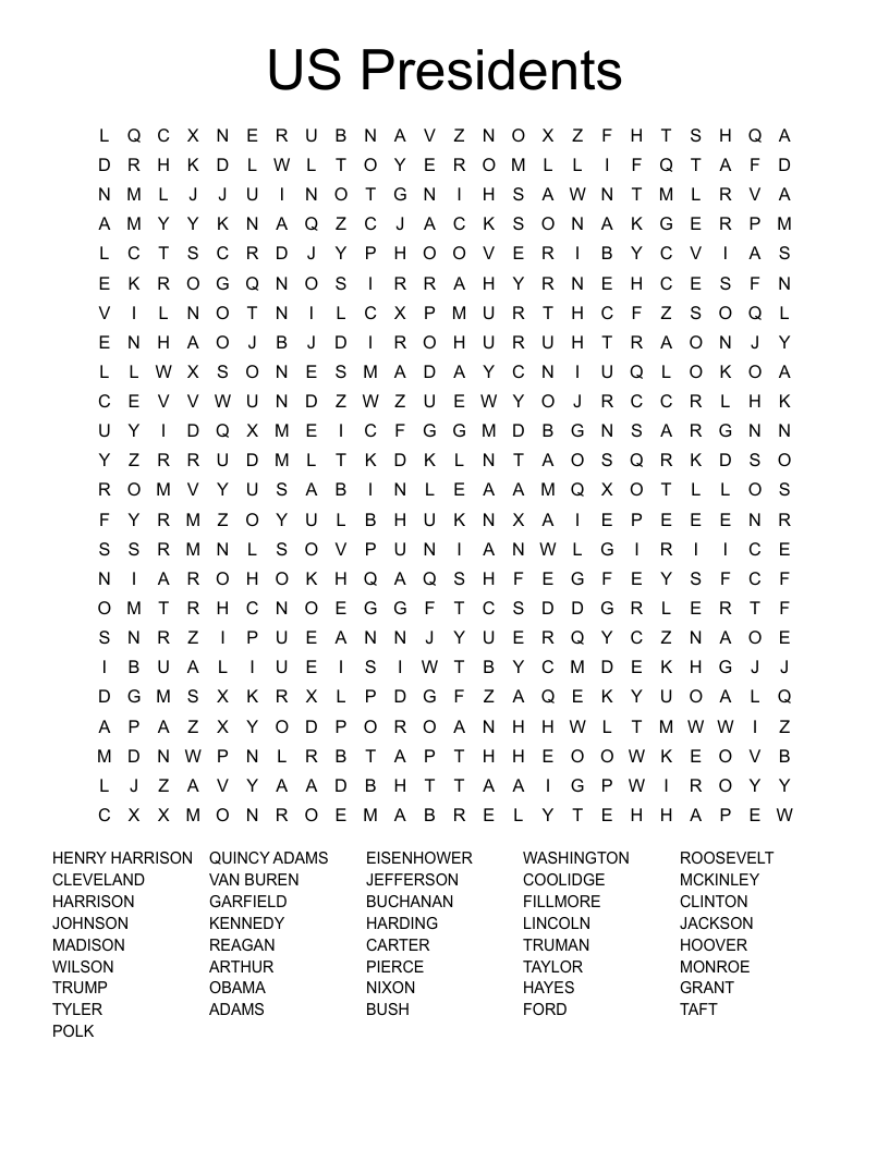 US Presidents Word Search