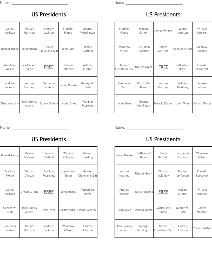 US Presidents Bingo Cards