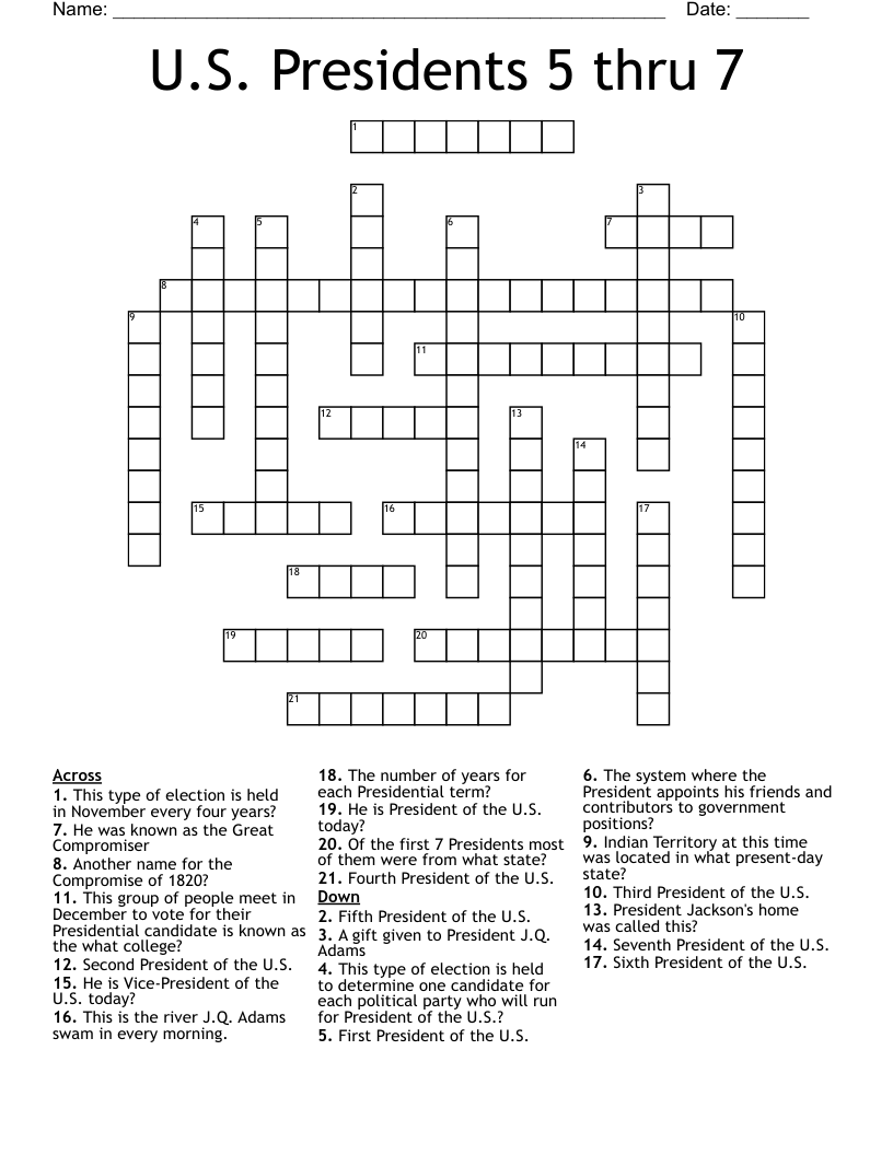 U.S. Presidents 5 thru 7 Crossword