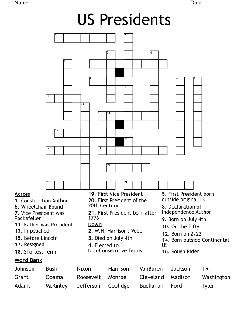 US Presidents Crossword