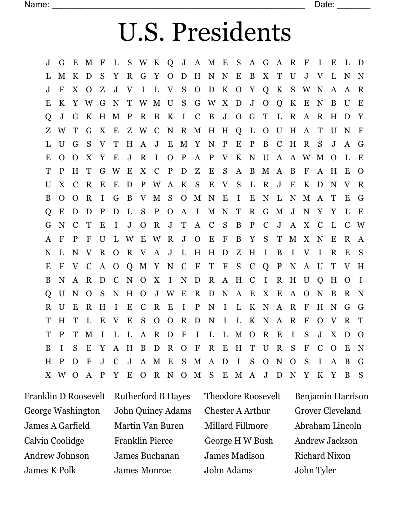 U.S. Presidents Word Search