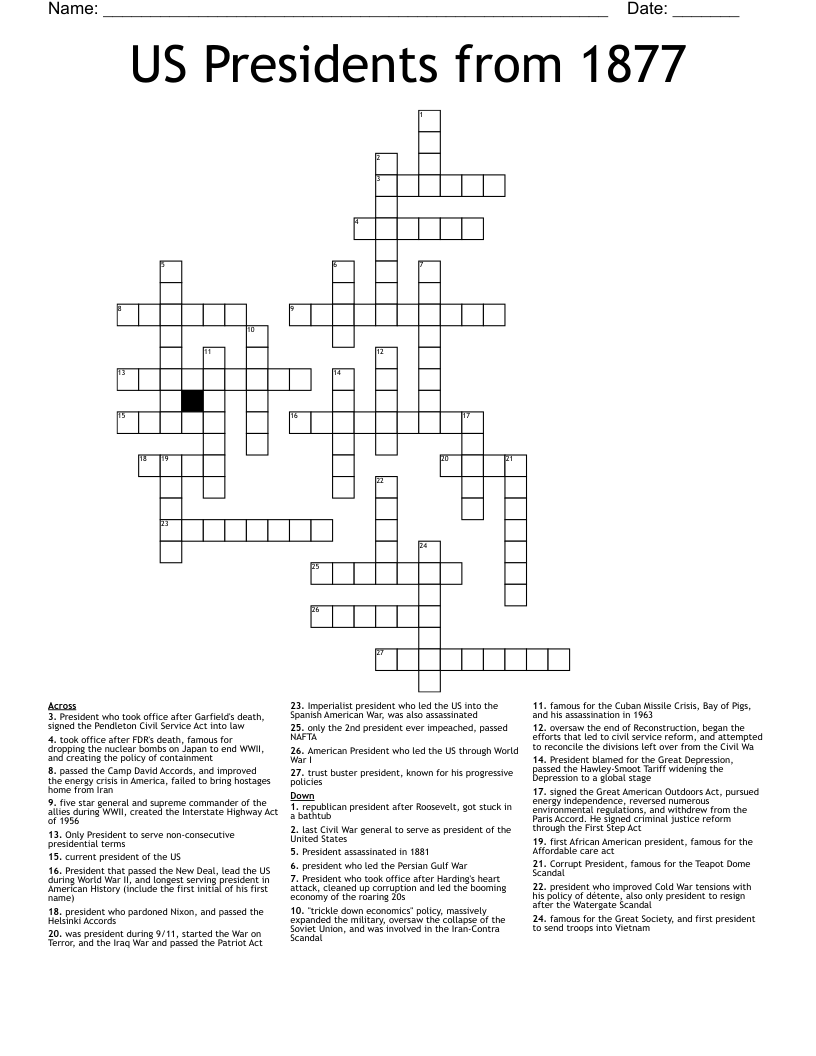 US Presidents from 1877 Crossword