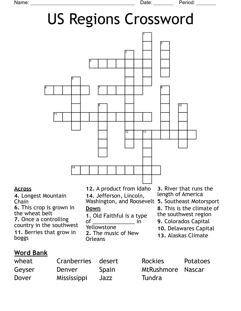 US Regions Crossword
