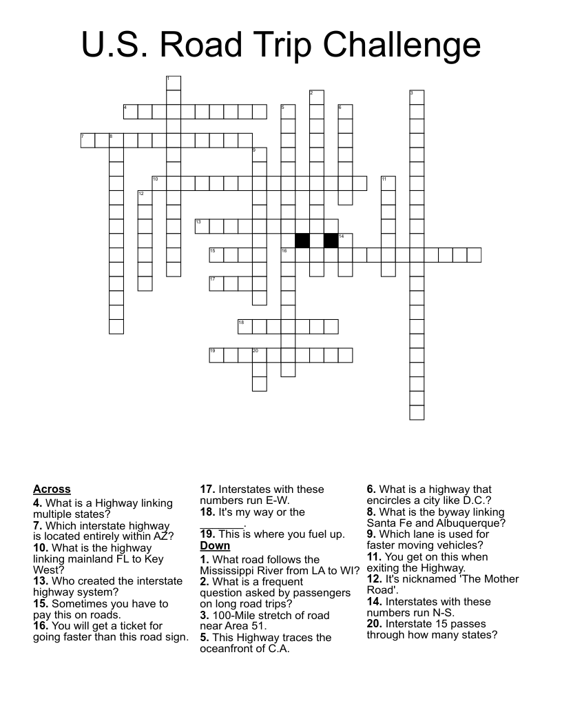 U.S. Road Trip Challenge Crossword