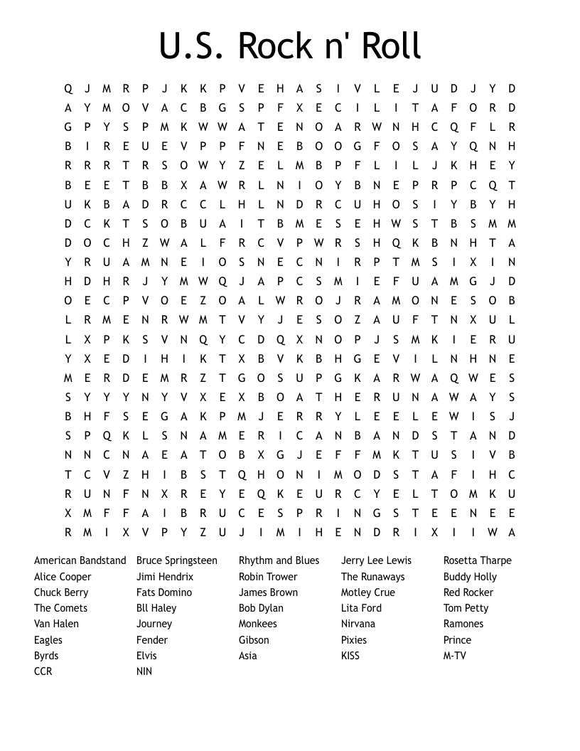 U.S. Rock n' Roll Word Search