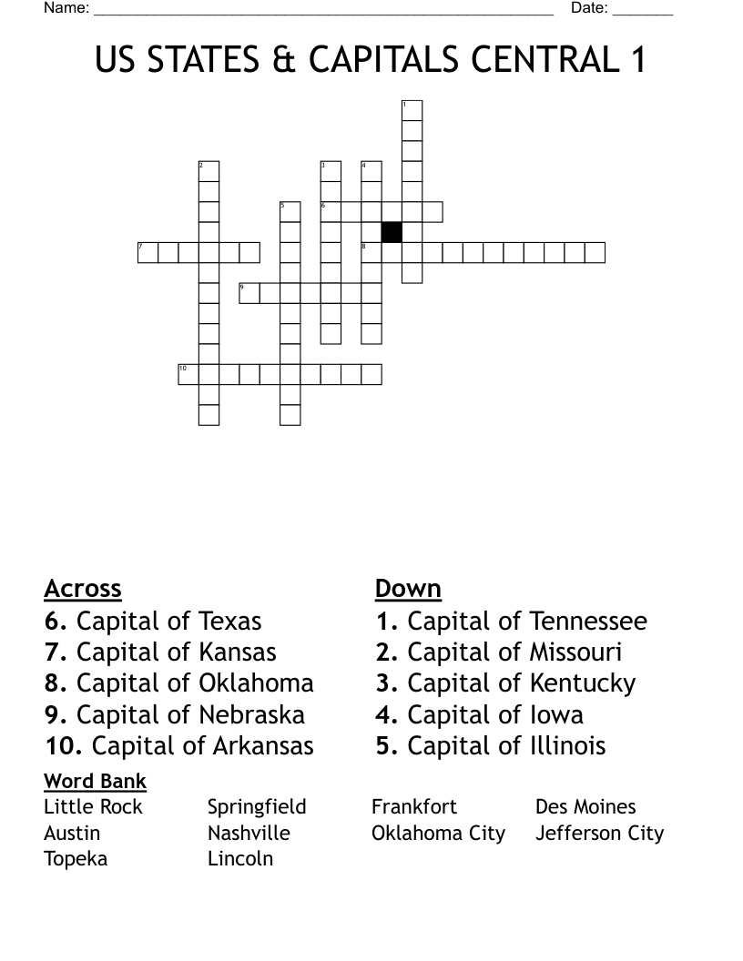 US STATES & CAPITALS  CENTRAL   1 Crossword