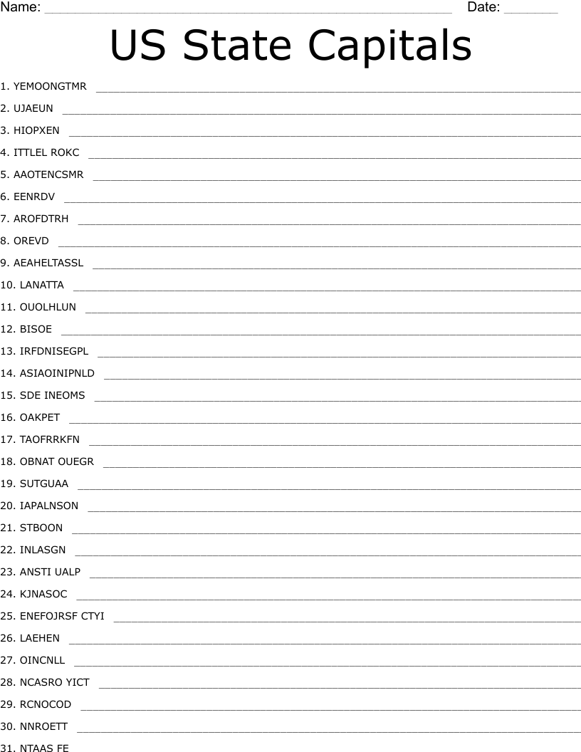US State Capitals Word Scramble