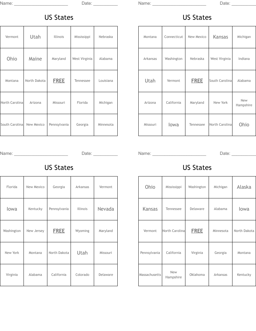 US States Bingo Cards