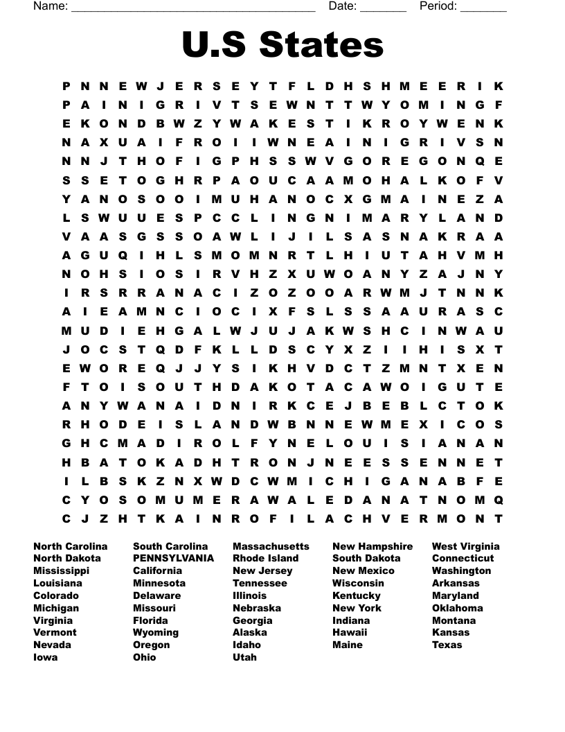 U.S States Word Search