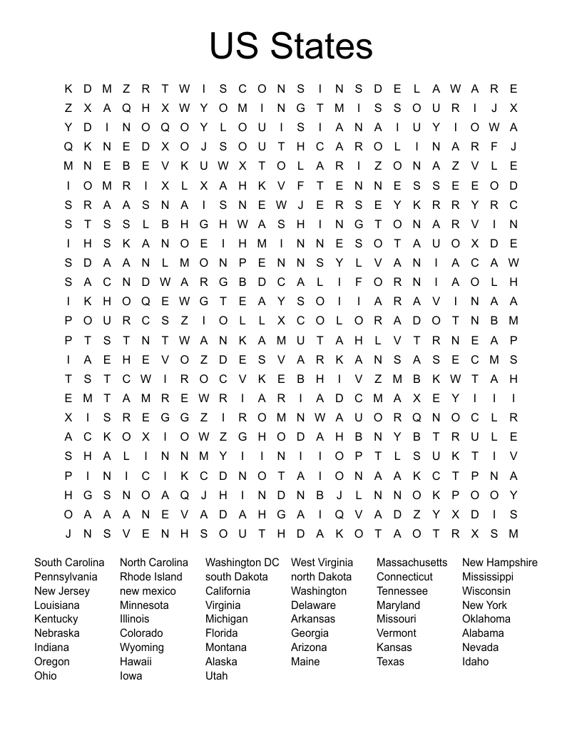 US States Word Search