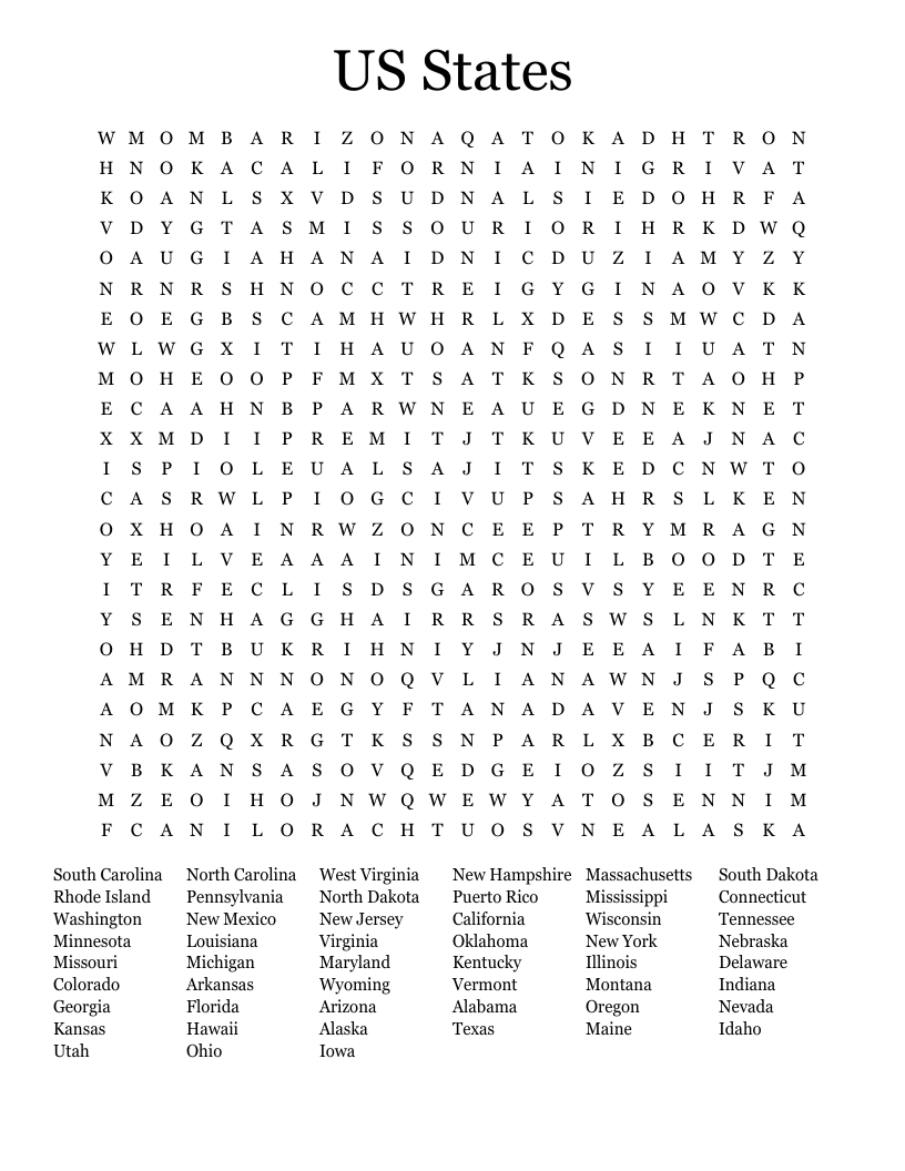 US States Word Search