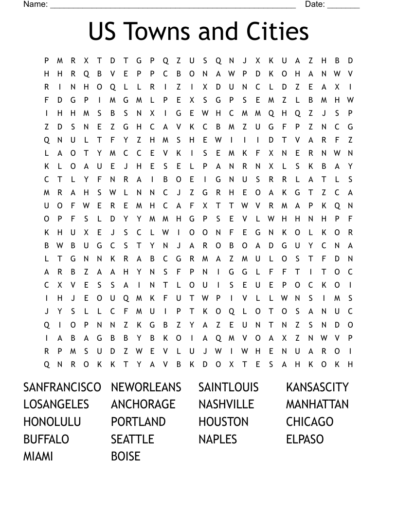 US Towns and Cities Word Search