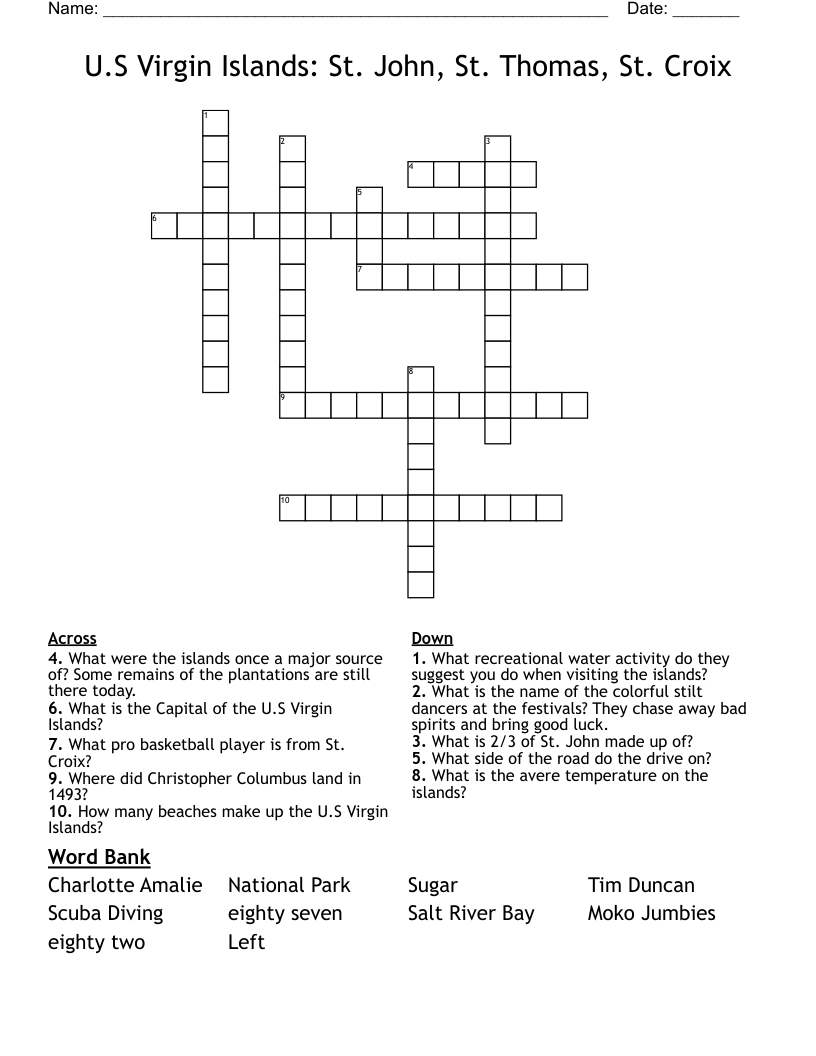 U.S Virgin Islands: St. John, St. Thomas, St. Croix Crossword