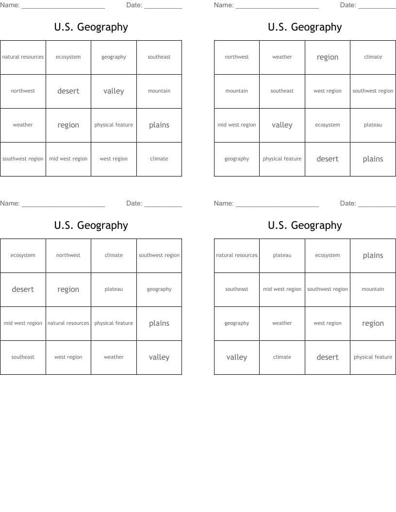 U.S.  Geography Bingo Cards